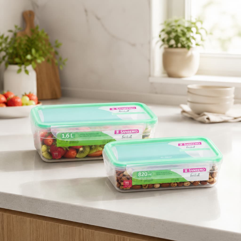Kit 2 Potes Herméticos Sanremo Freshy com Travas – 1,6 Litros + 820ml Empilhavel Freezer Microondas