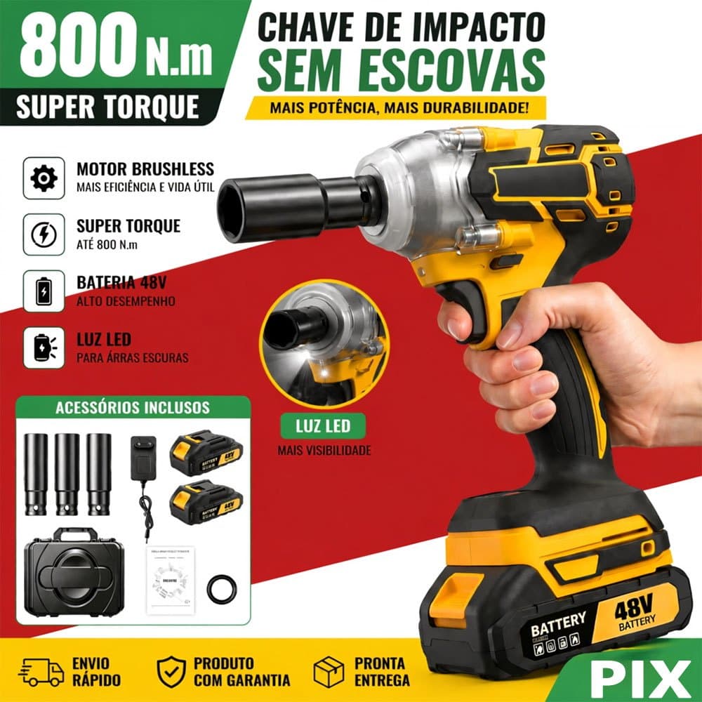 Chave de Impacto Sem Fio 48V para Parafusos e Rodas Motor Potente 2 Baterias + Maleta Organizadora 800NM