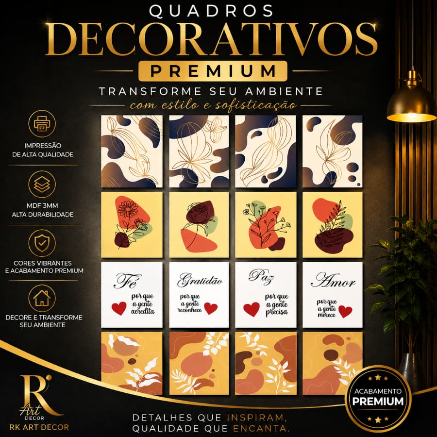 Kit 4 Quadros Decorativos para Parede com Fita 3M | Moldura Premium | Decoração Sala, Quarto, Escritório e Hall