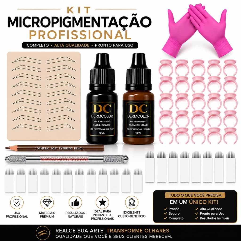 Kit Micropigmentação Profissional Microblading Tebori 2 Pigmentos 10ml Sobrancelhas DC Derm color