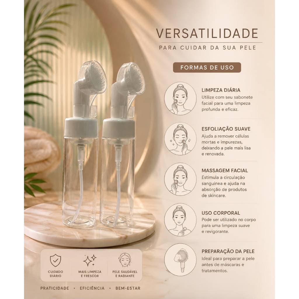 Frascos Pump Espumador Com Escova De Silicone Para Limpeza Facial Skin Care 200ml