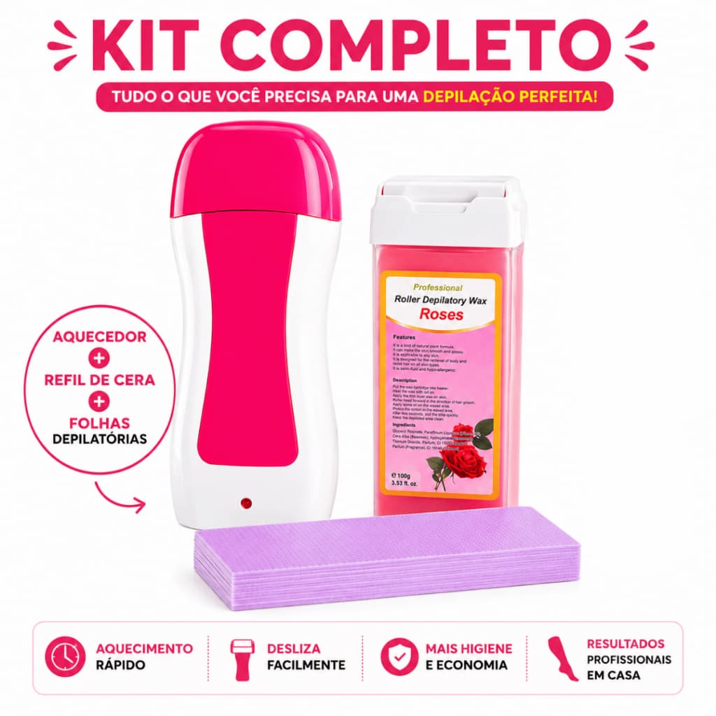 Aparelho Aquecedor De Cera Quente Roll On + Refil De Cera Rolon + Fitas Depilatória Depilador Elétrico Kit Completo