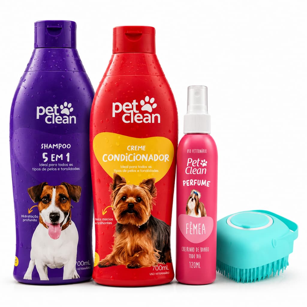 Kit Shampoo 5x1+condicionador+perfume+escova Banho Cães Gato Pet Clean
