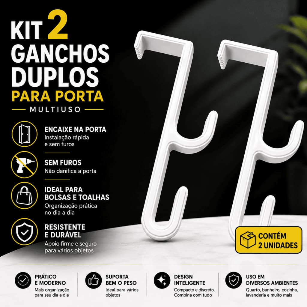 Kit 2 Ganchos Duplos Para Porta Multiuso Cabide Organizador Sem Furos Encaixe Universal Banheiro Quarto Cozinha