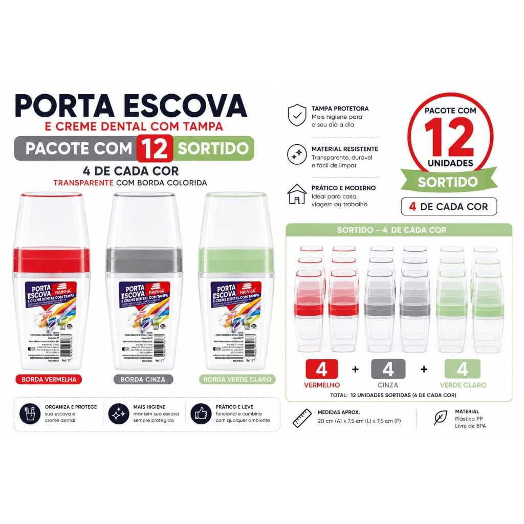 Kit Com 12 Porta Escova Com Tampa Transparente  e Borda Nas Cores Cinza, Vermelho e Verde . Rainha Ref: 77