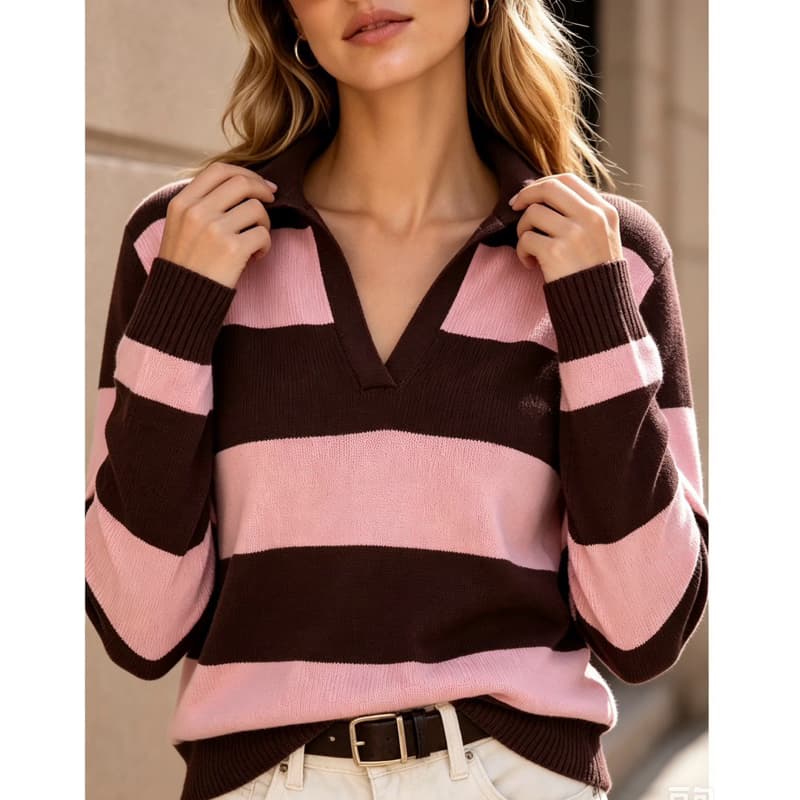 Blusa Feminina de Tricô Modal Listrada Gola Polo Manga Longa