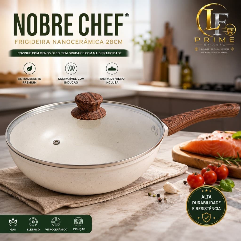 Frigideira Cerâmica Grande Antiaderente Premium 28cm Indução e Gás com Tampa de Vidro Temperado Cozinha Sem Grudar