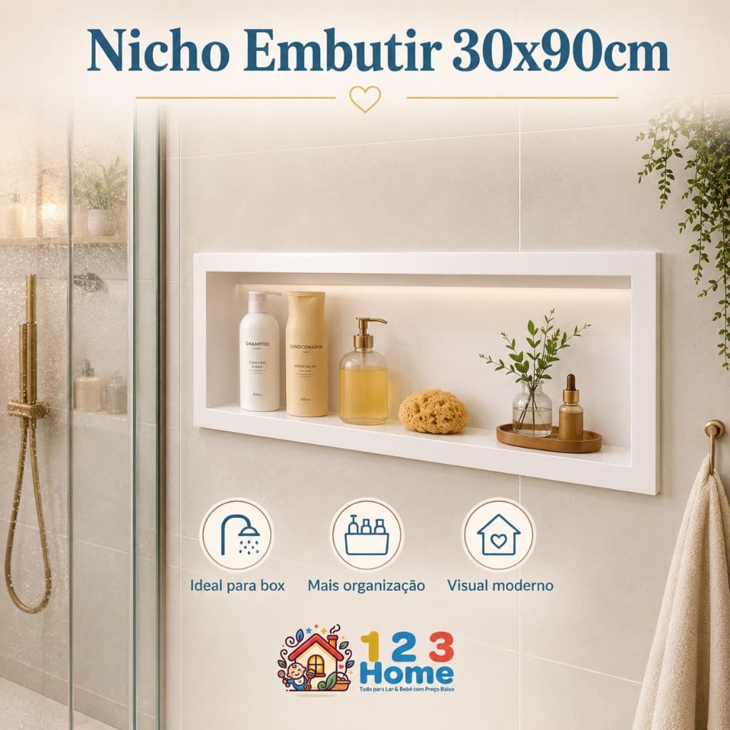 Nicho de Embutir Metasul 30x90cm para Banheiro, Suporte Shampoo, Cozinha e Lavanderia
