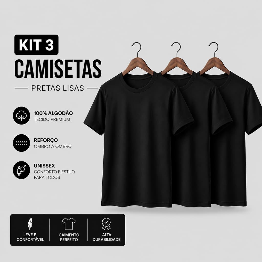 Kit 3 Camisetas Unissex Básicas Lisas Preta 100% Algodão Casual