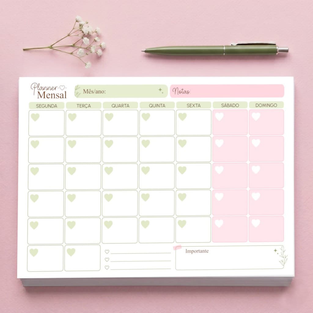 Planner de mesa Mensal não datado Vida leve |  Tamanho A4 e destacável .