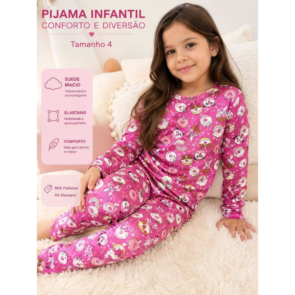 Pijama Infantil Feminino Longo Tamanho 4 Suede Macio 96% Poliéster 4% Elastano Estampa Fofa Confortável