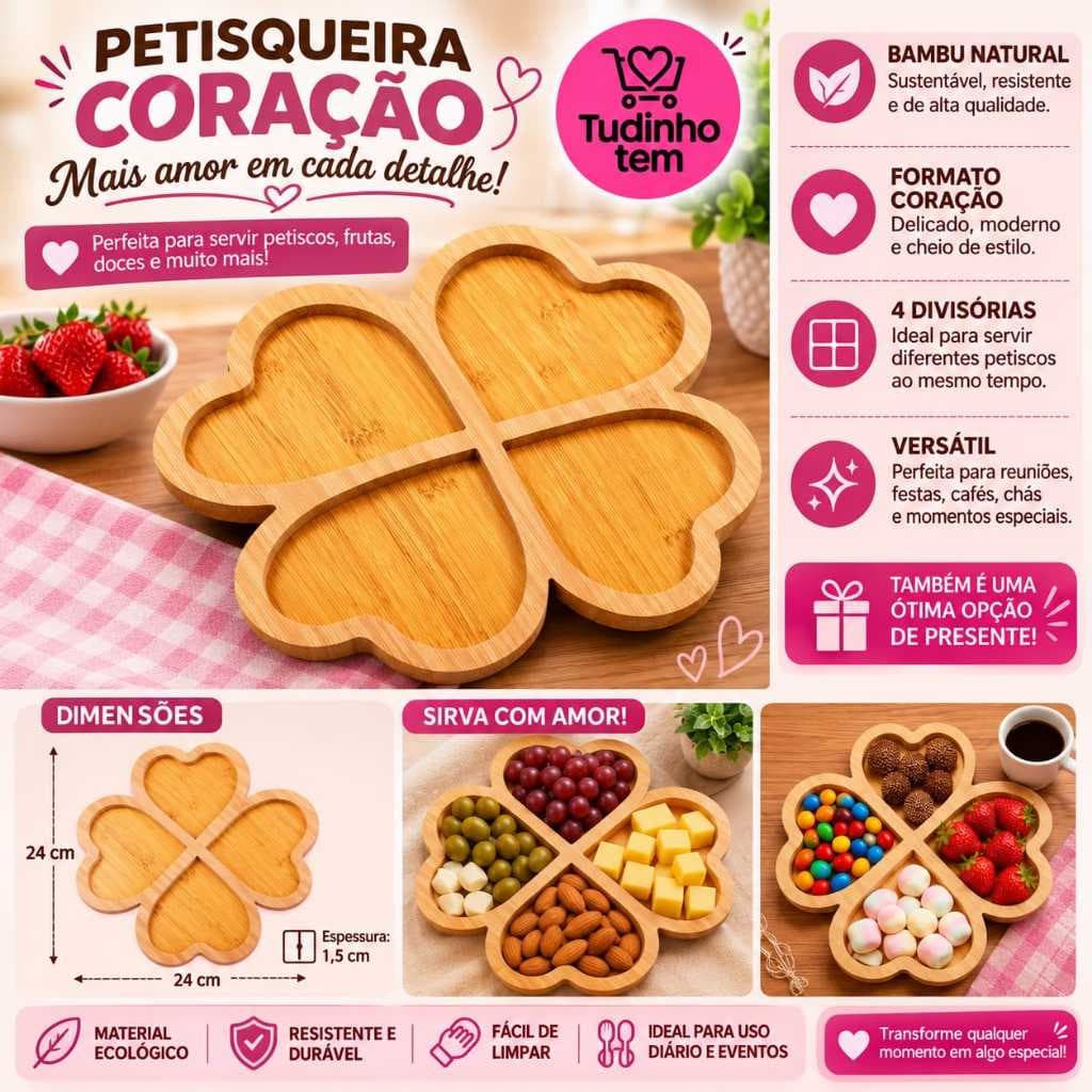 Petisqueira Coração com 4 Divisórias, Bandeja para Petiscos, Frios, Doces e Aperitivos
