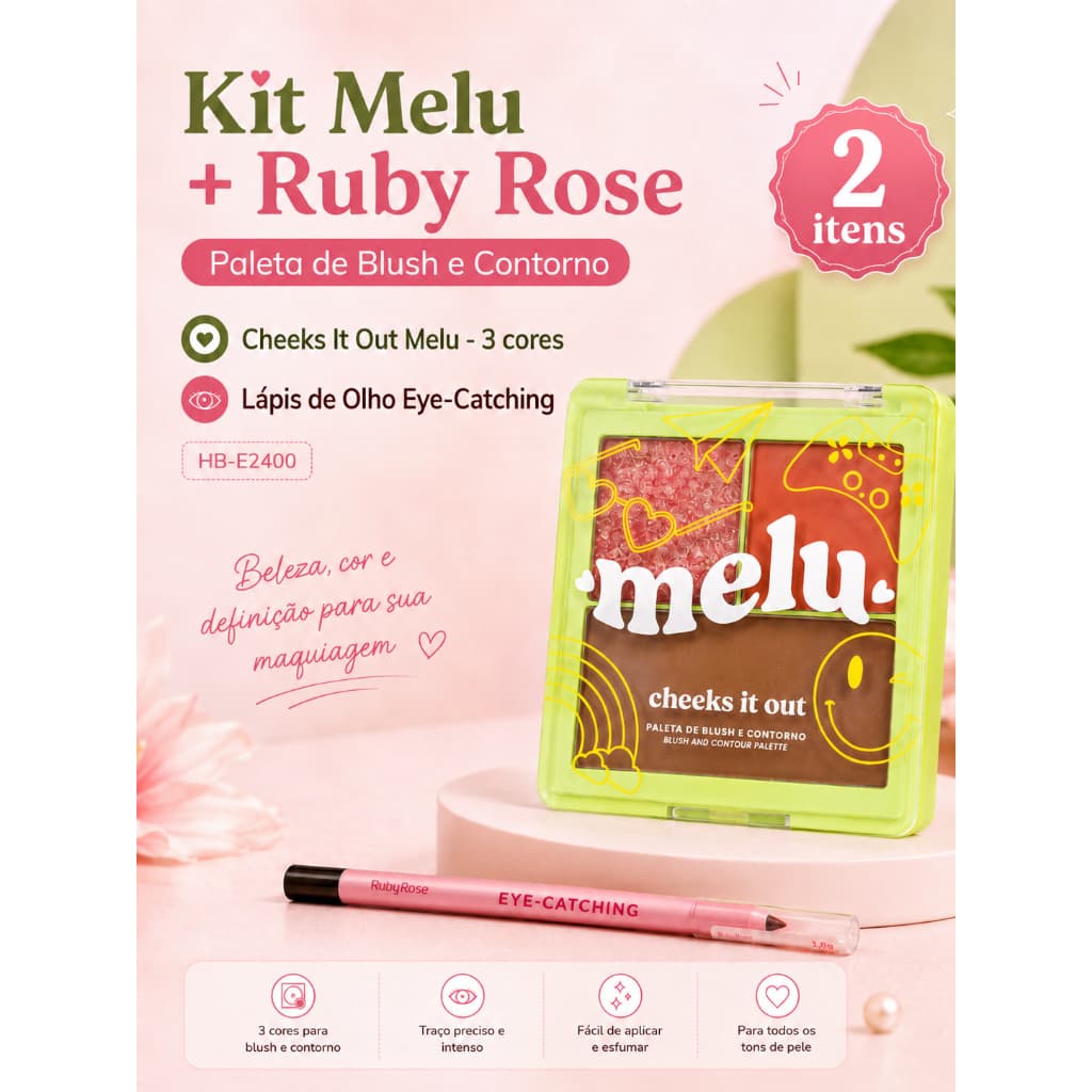 Kit Paleta de Blush e Contorno Cheeks It Out Melu 3 Cores + Lápis de Olho Eye-Catching Ruby Rose