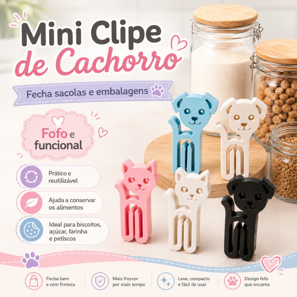 Kit 8 Mini Clipes Cachorrinho Fecha Saco e Embalagem de Alimentos Reutilizável para Cozinha