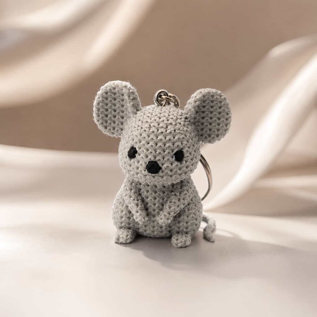 Chaveiro Ratinho Cinza 3D Efeito Crochê 4cm Unidade ou Kit para Mochila Bolsa e Presente