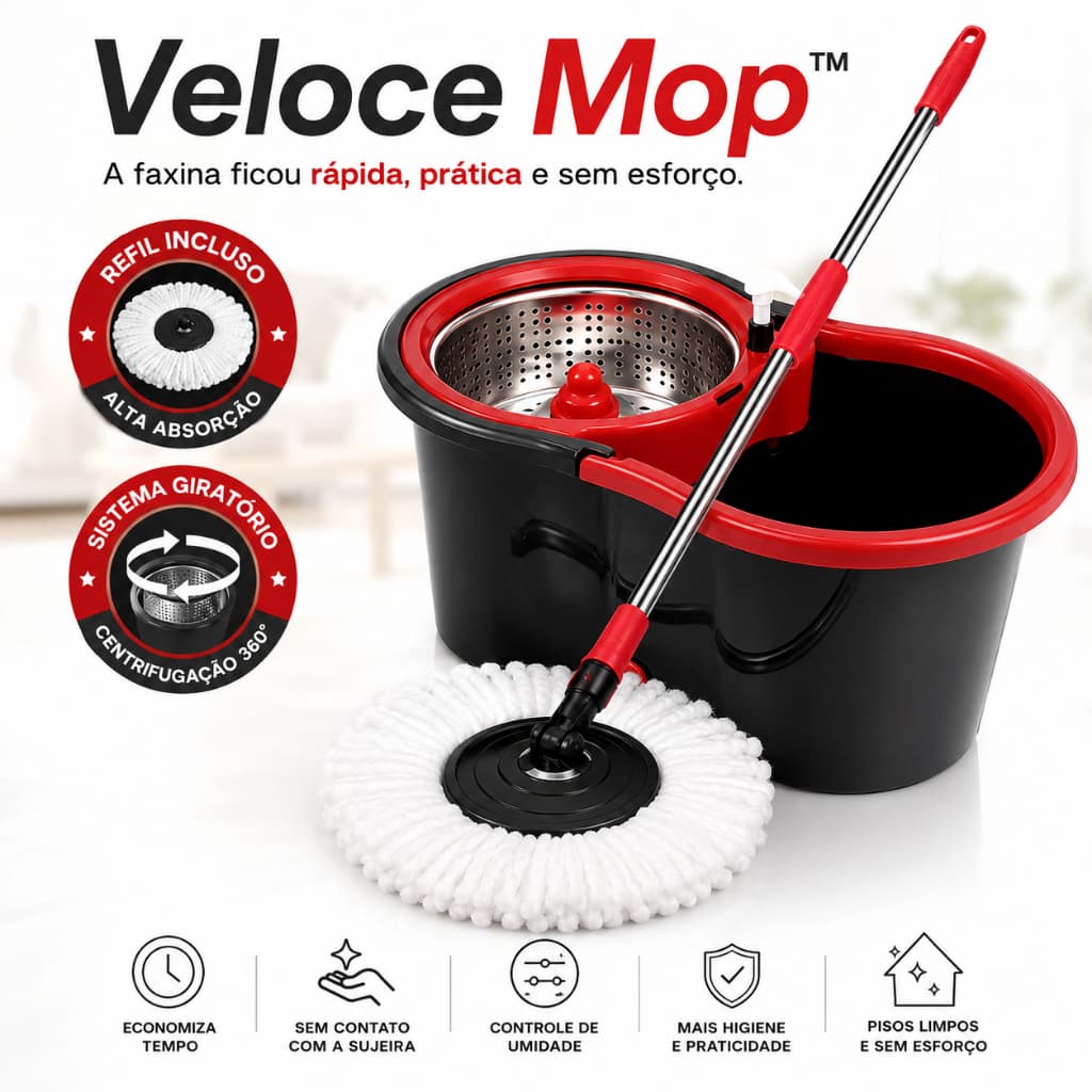 Mop Giratório 360° com Balde, Rodas, Alça, Cabo Inox, Refil Microfibra e Esfregão de Limpeza Fácil Veloce Mop™