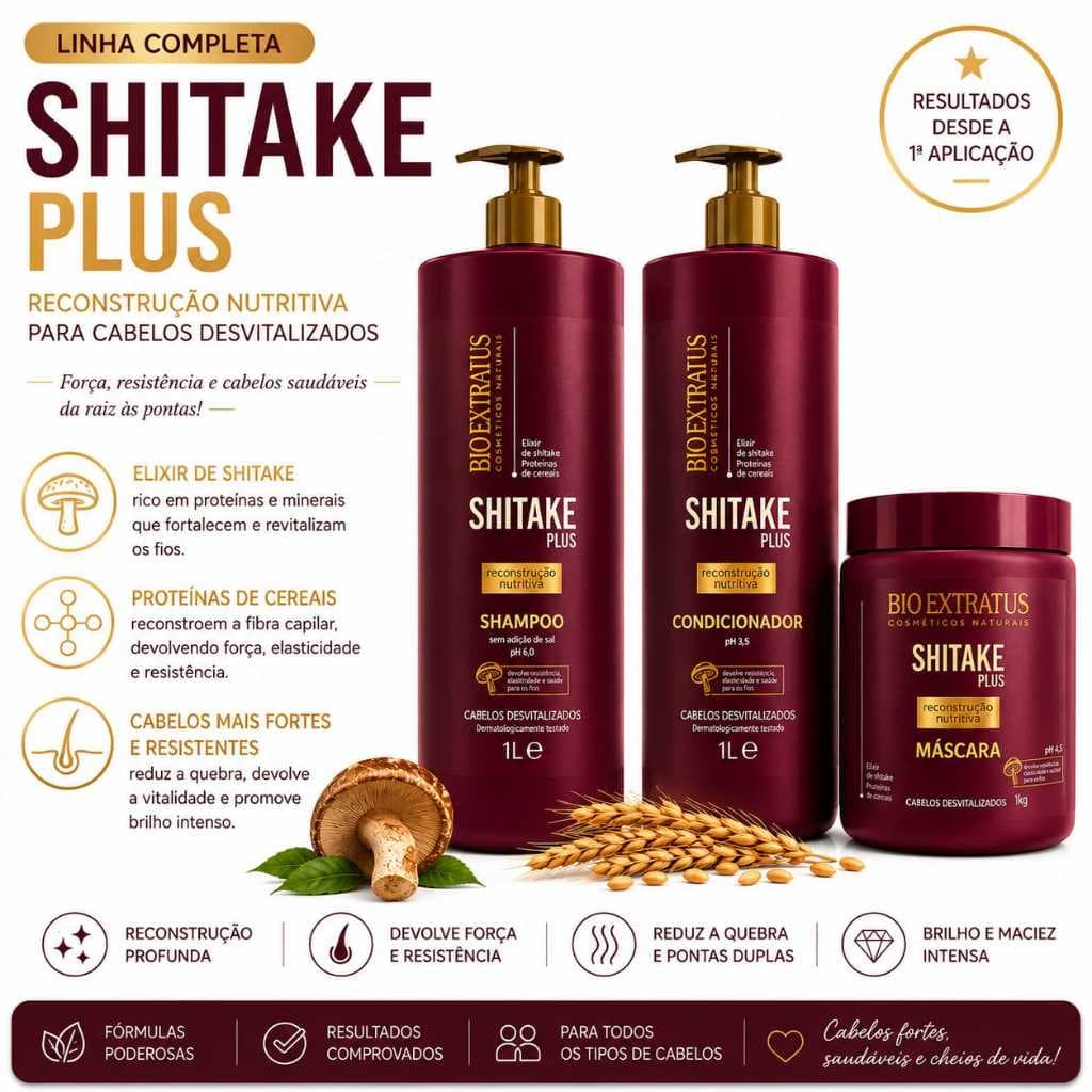 Kit Shitake Plus Bio Extratus Shampoo1L +Condicionador1L +Máscara 1Kg Cabelos Danificados Ressecados
