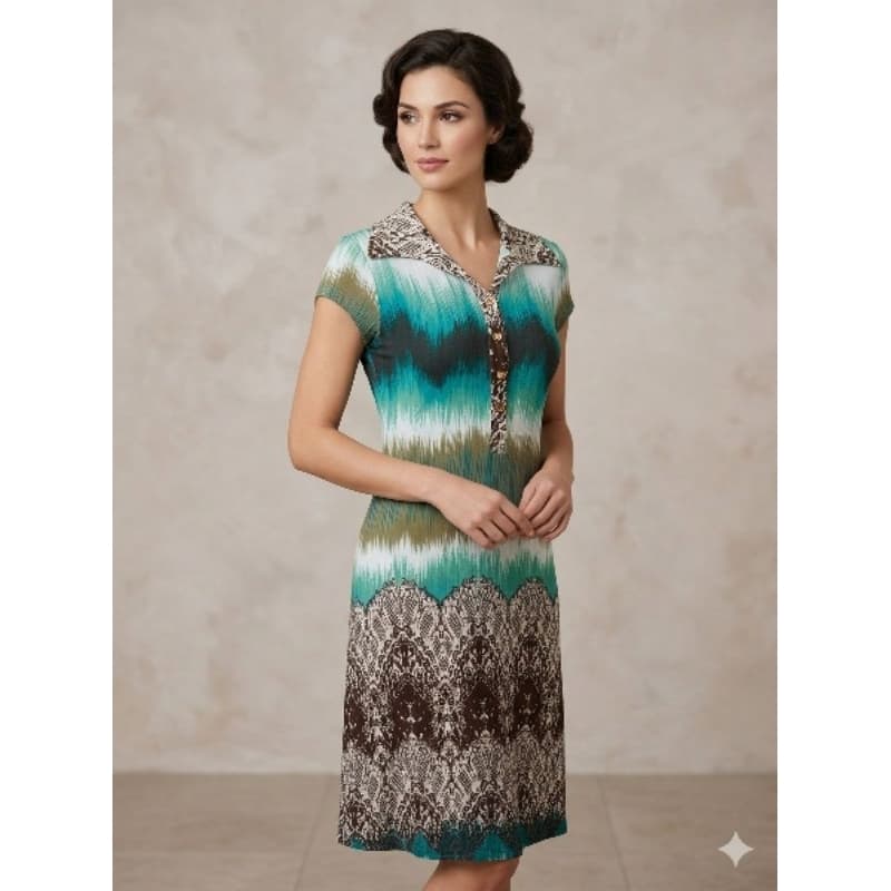 Vestido Casual com Estampa Abstrata Verde e Barrado Rendado Marrom tamanho M