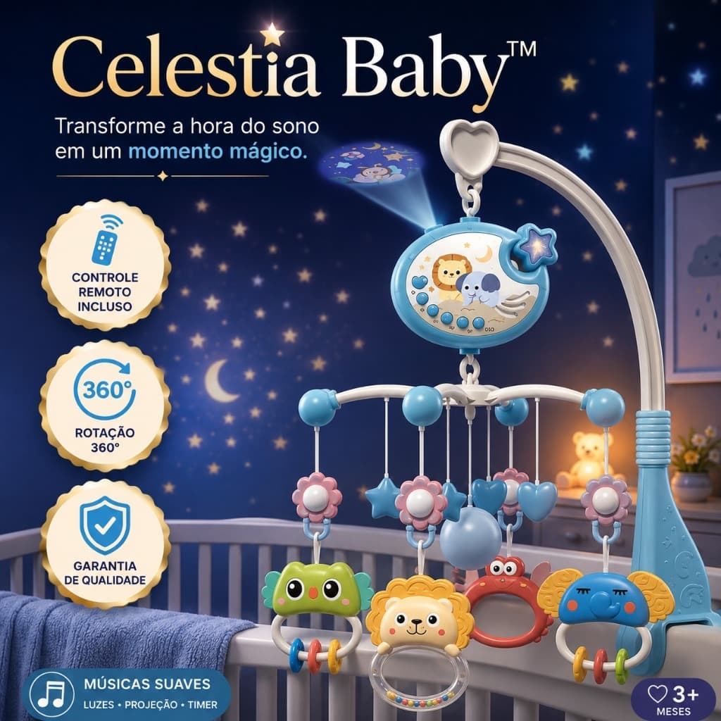 Móbile Musical para Berço Bebê com Projetor de Estrelas Controle Remoto Rotação 360° Celestia Baby
