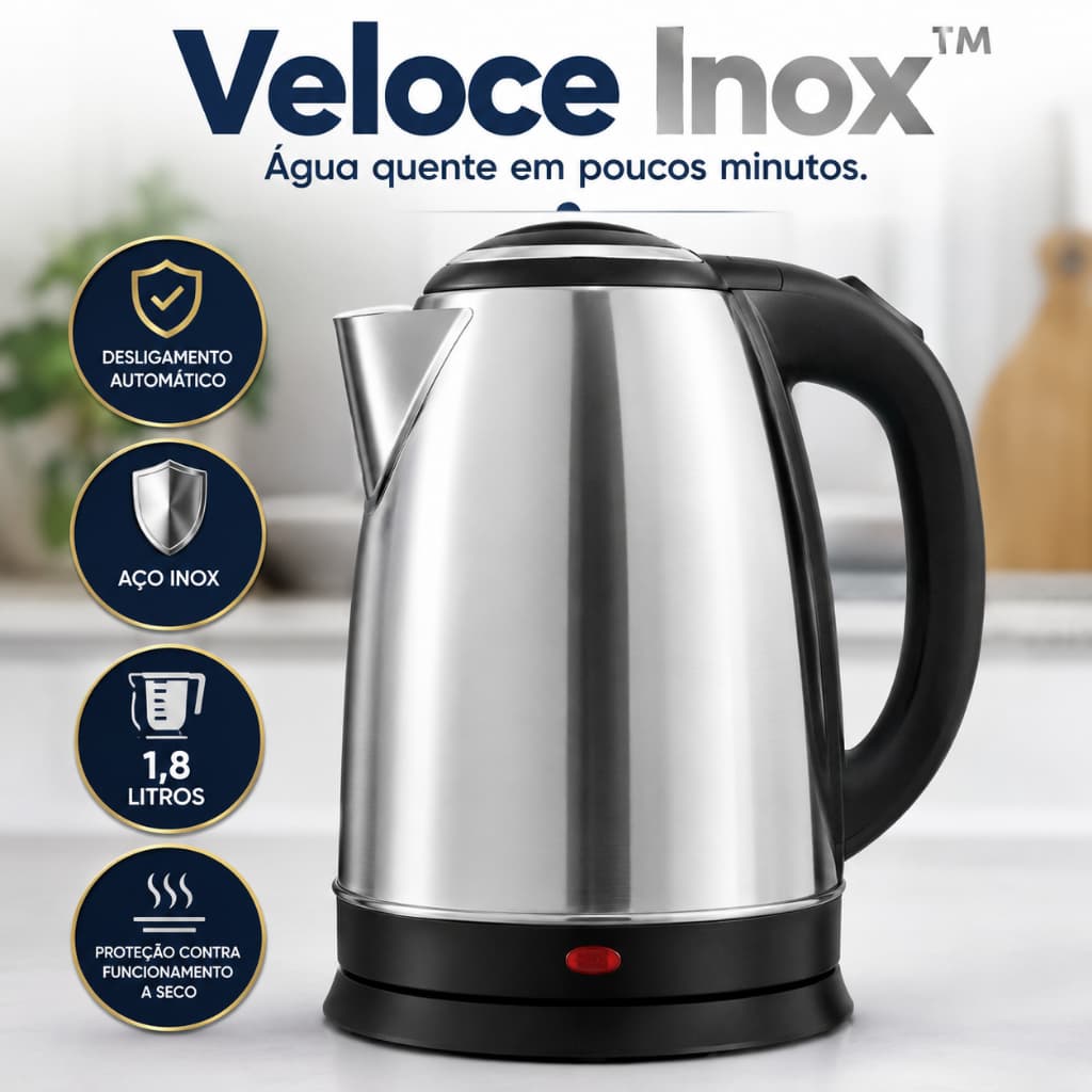 Chaleira Elétrica Inox 1,8L 1000W 127V Desligamento Automático Aço Inox Base 360° Veloce Inox Pro