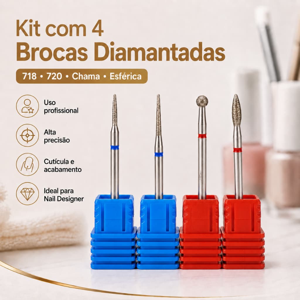 Kit 4 Brocas Diamantadas Real Love 718 720 Chama e Bola para Cutícula Nail Designer