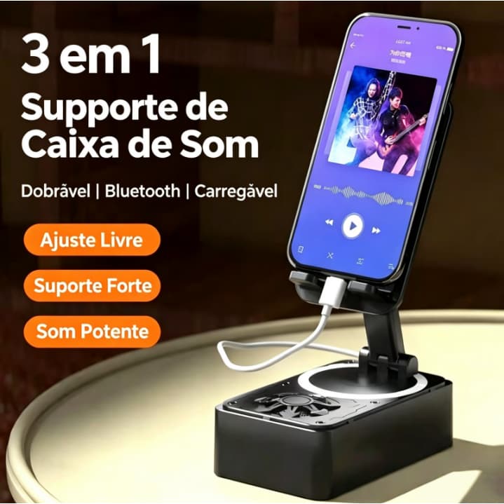 Caixa de Som Bluetooth 3 em 1 com Suporte Dobrável para Celular e Base Antiderrapante para Live