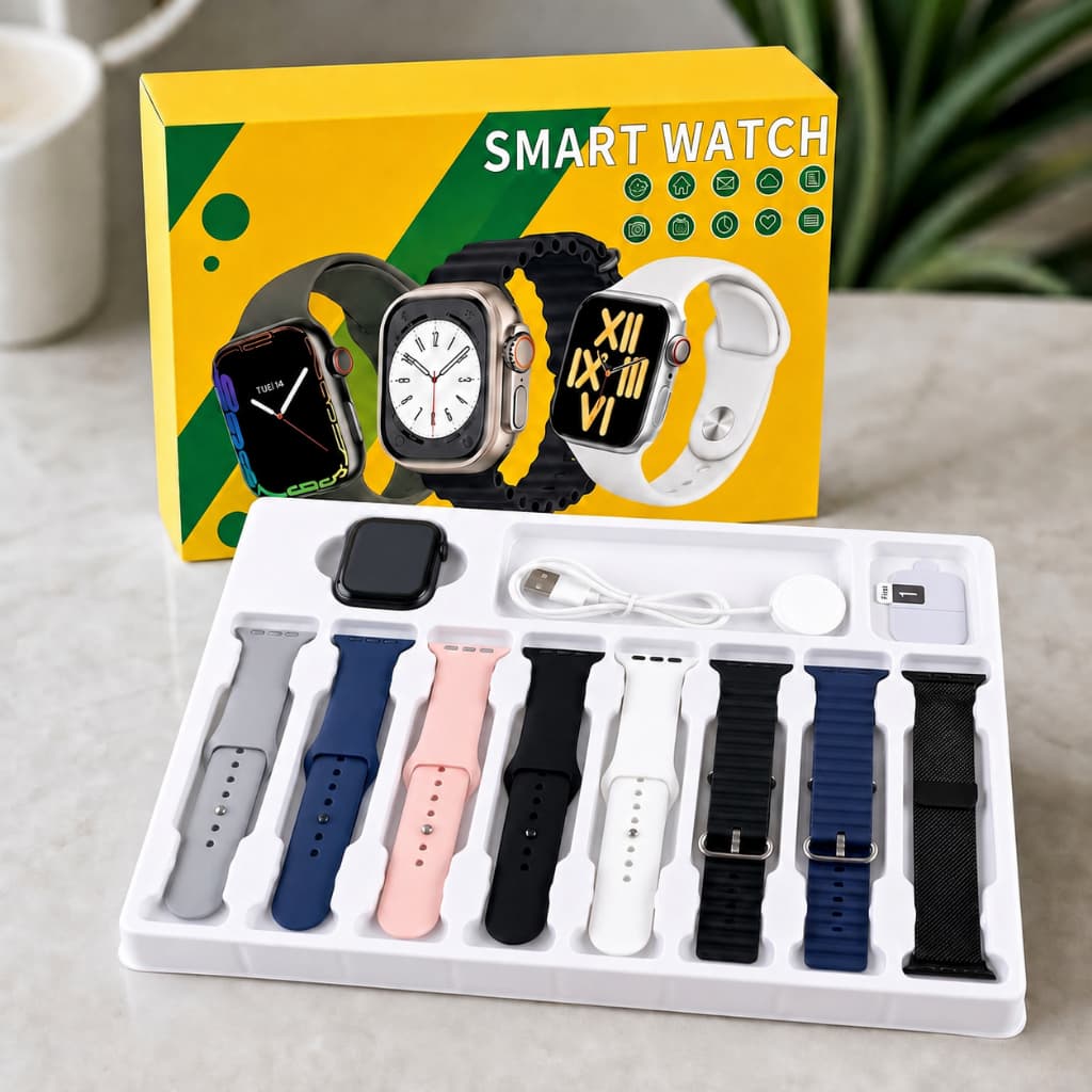 Novo Modelo 8 em 1 Smartwatch com Chamada Bluetooth Monitor de Pressão Calculadora Recarga sem Fio e Compatível Android