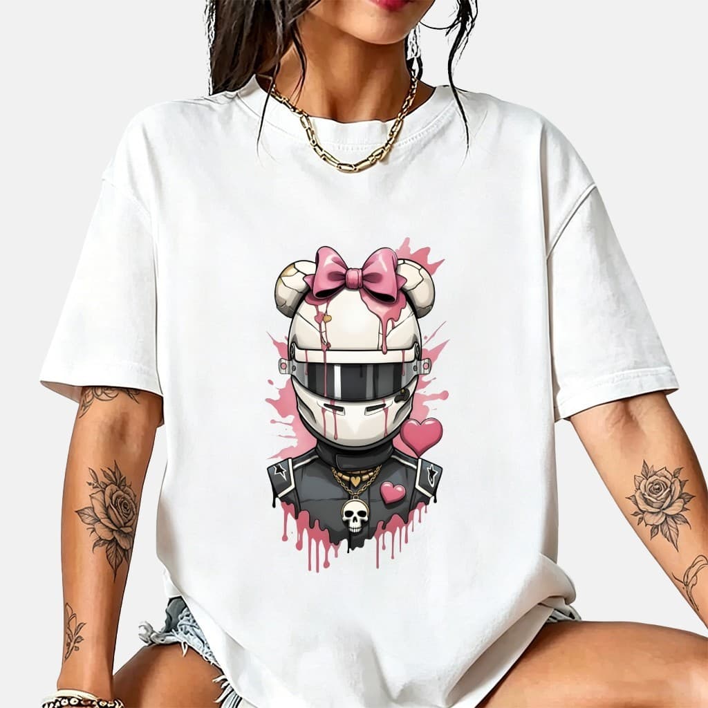 [Envio Rápido]Camiseta Feminina 100% Algodão Estampa Goth Kawaii Capacete Fofinho Rosa Oversized Plus Size