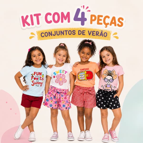 Kit 4 Peças Conjunto Verão Menina Confortável Para o Dia a Dia Passeio Escola
