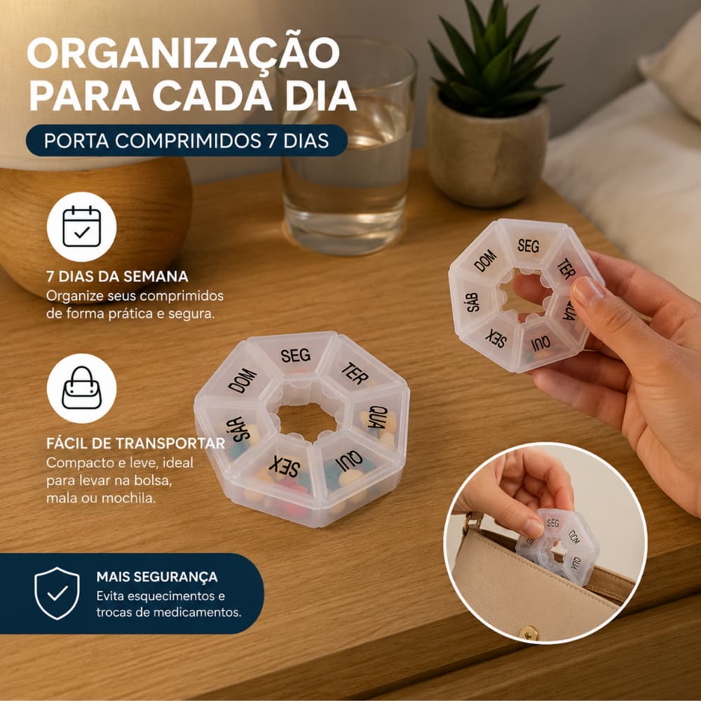 Porta Comprimido Organizador Semanal Remédio Diário 7 Divisórias para Medicamentos