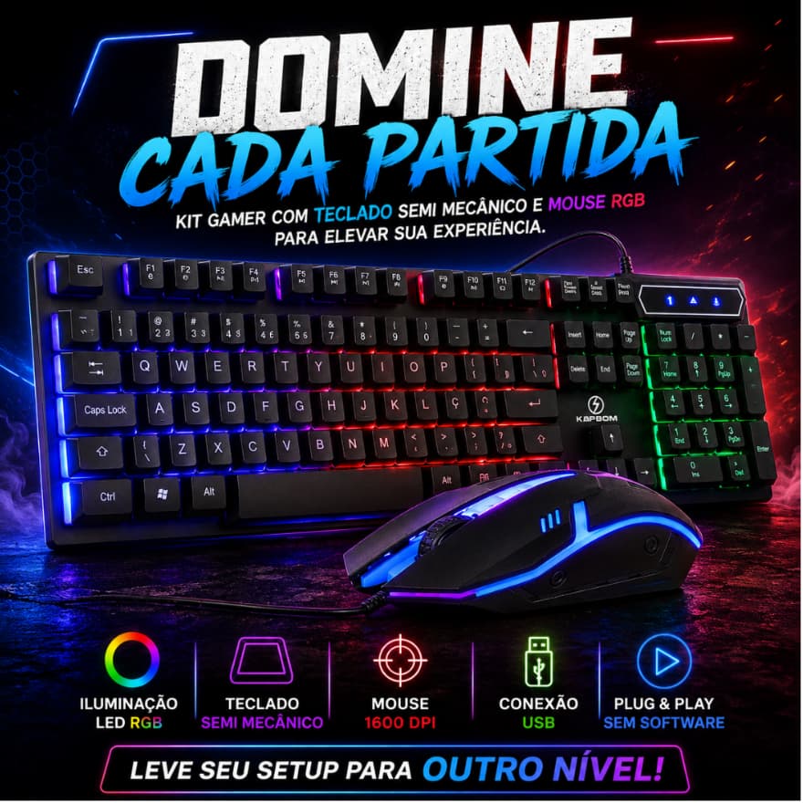 Conjunto Teclado E Mouse Gamer Preto Semi Mecânico LED RGB