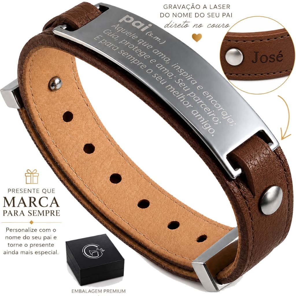 Pulseira de Couro Ajustável Preto PAI - AQUELE QUE AMA -  Ajustável - DIA DOS PAIS - HOMENAGEM