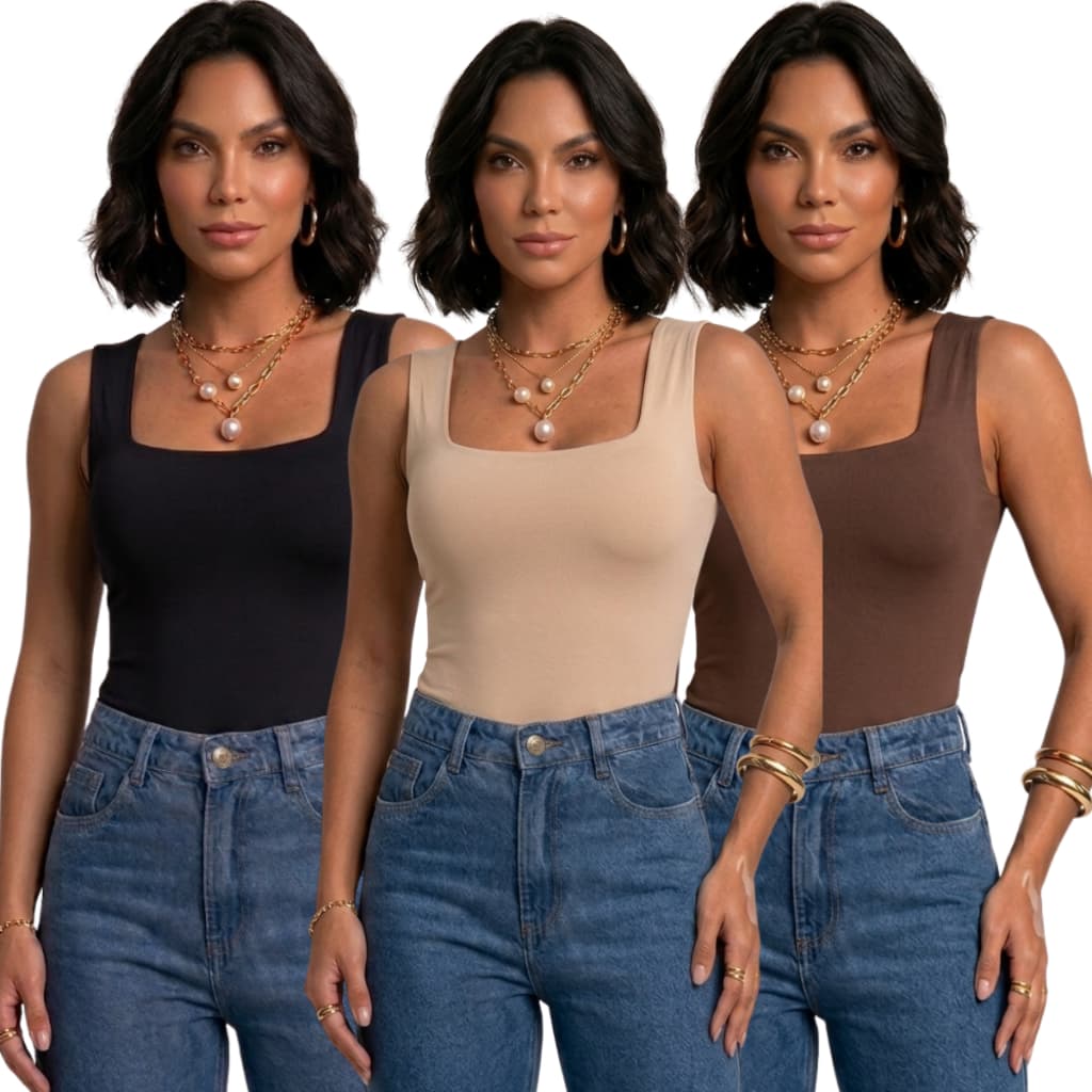 Kit 3 Blusa Feminina Regata Decote Quadrado Reto Suplex Verão Basica Lisa Moda Elegante Tendencia Bolgueira