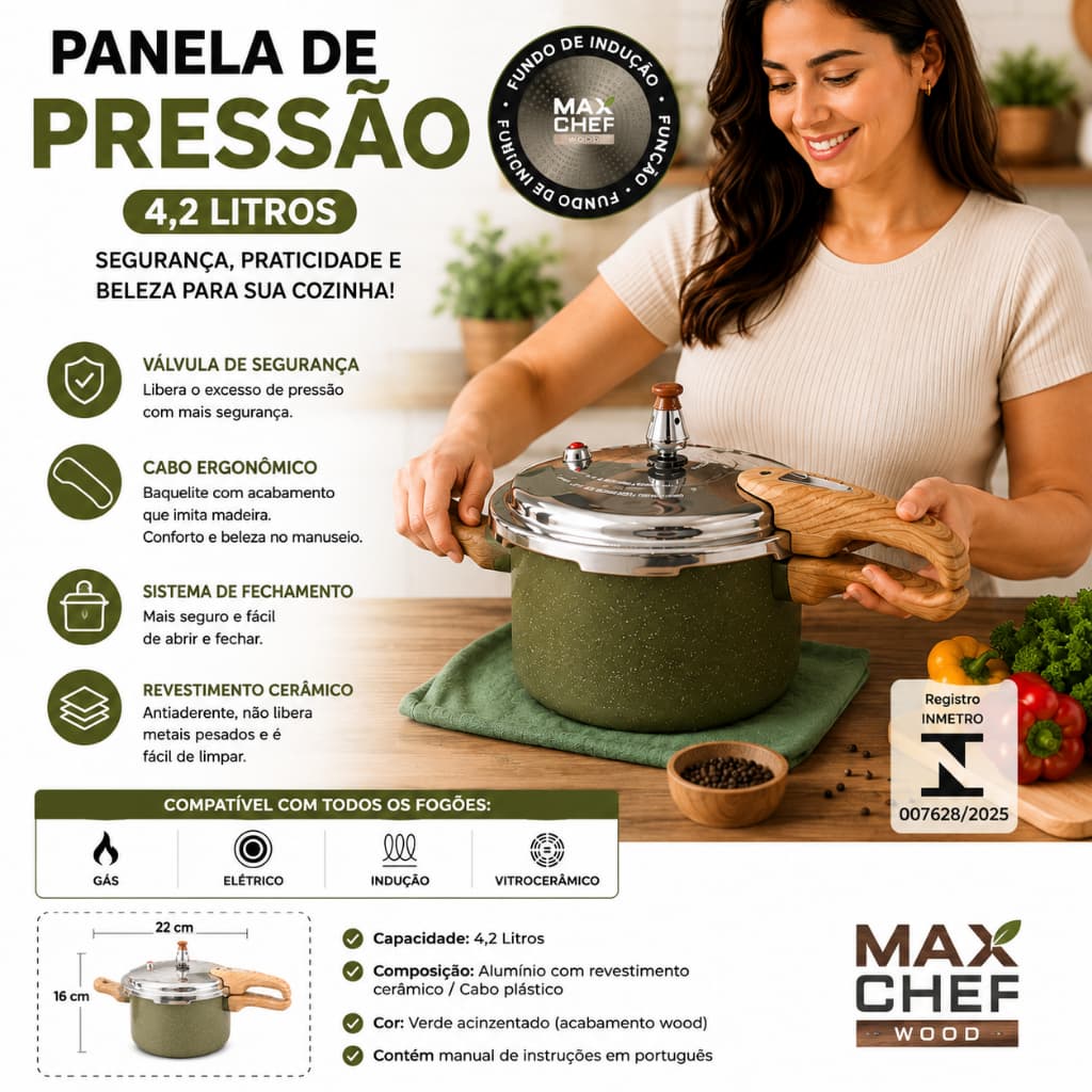 Panela de Pressão Max Chef Wood Indução 4,2L - Verde acinzentado aluminio revestido cerâmica