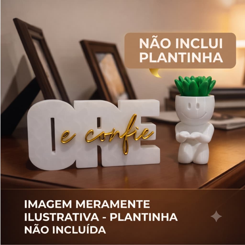 Letreiro Ore e Confie 15x8cm Frase Decorativa Frase Religiosa Kit com vasinho orando  Sala Quarto