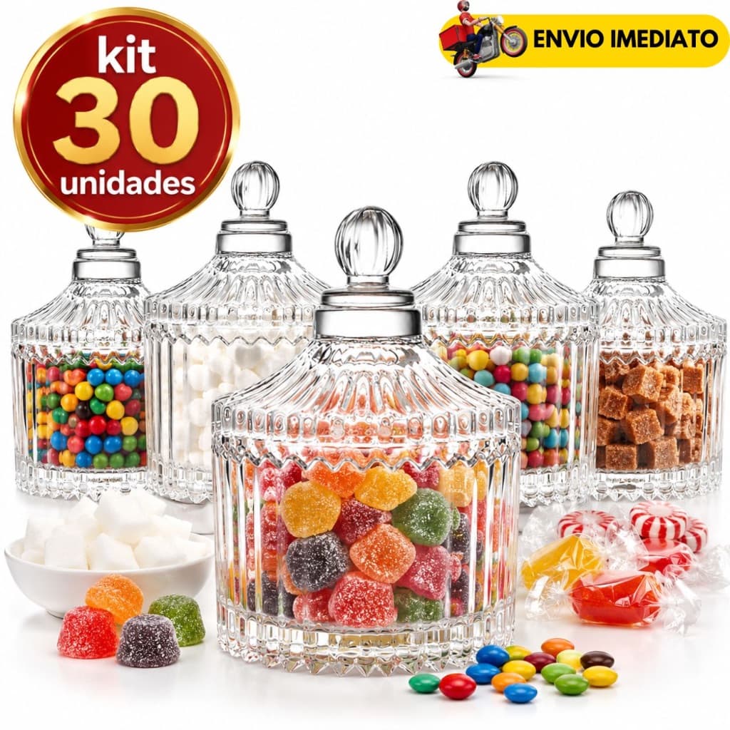Kit Mini Bomboniere Potiche Pote de Vidro Cristal 9cm Decorativo com Tampa 88ml Baleiro Porta Doces Balas Açúcar Café