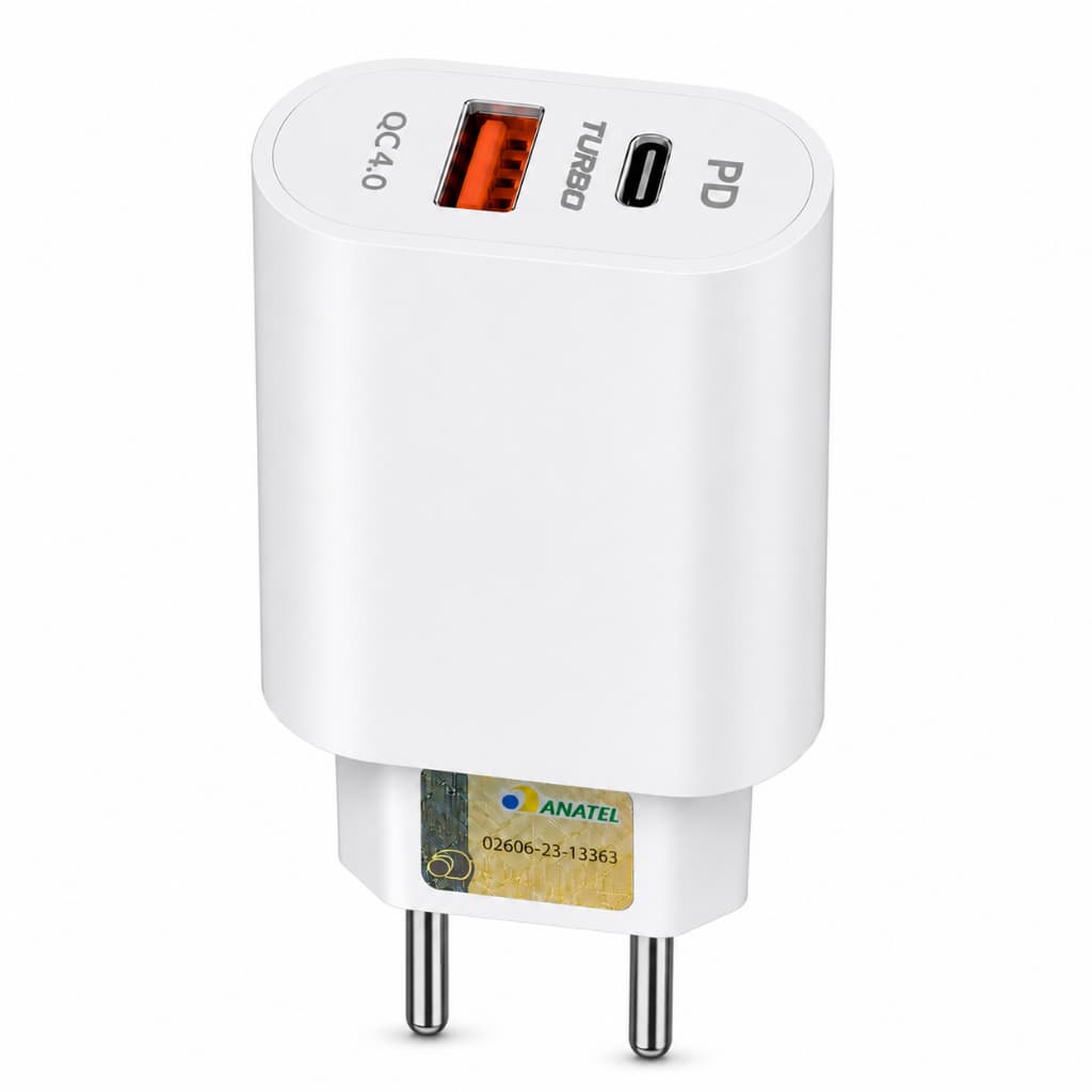 Fonte Carregadora Turbo 40W com USB-C e USB-A, PD e QC4.0 para Celulares, Tablets e Dispositivos Compatíveis