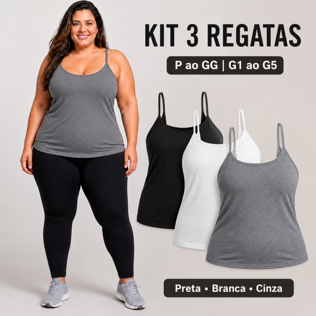 Kit 3 Regatas Femininas Alcinha Viscose Premium com Elastano P ao GG e G1 ao G5 Plus Size Básicas Lisas