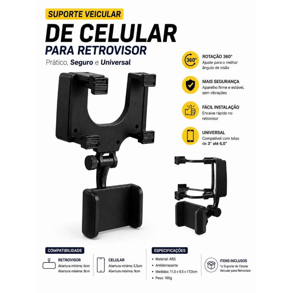 Suporte Veicular para Celular Retrovisor 360° Ajustável Antiderrapante para Smartphones 3 a 6"