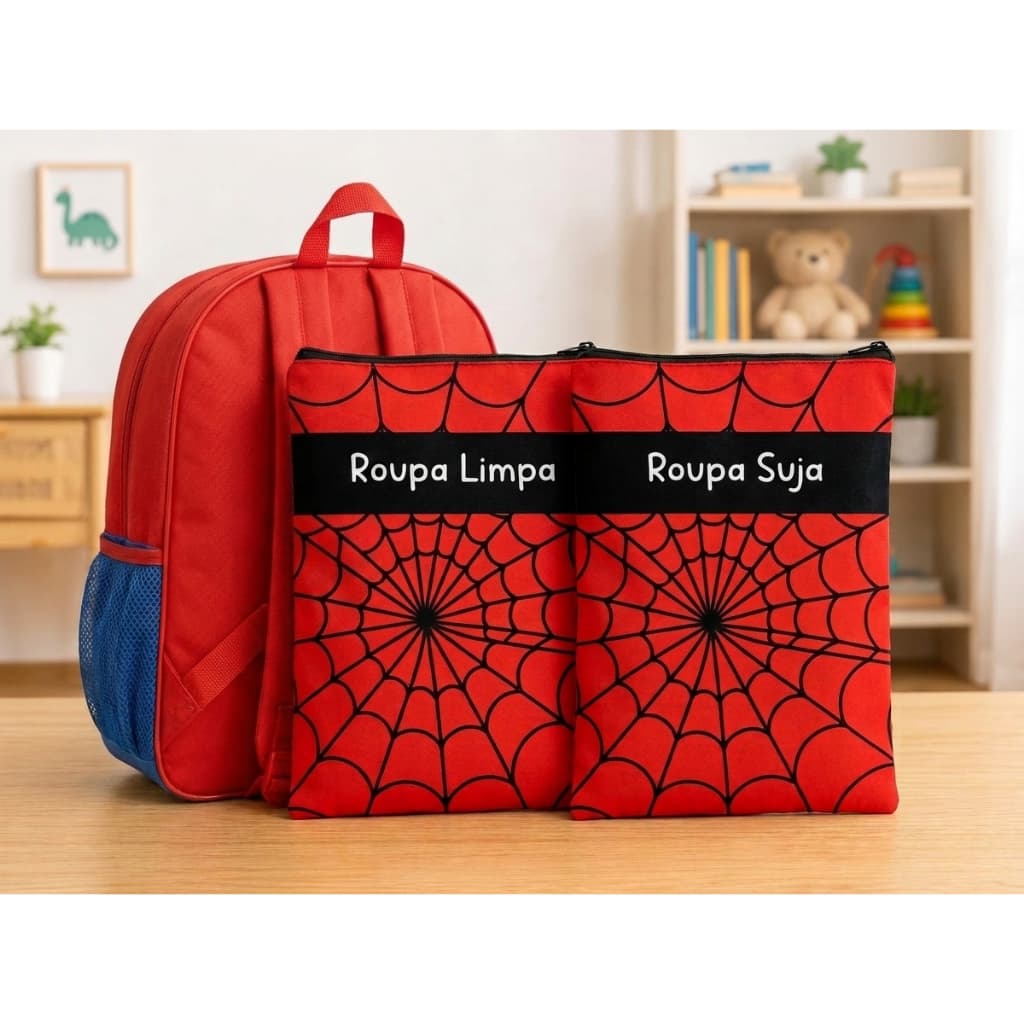 Kit 2 Saquinhos Roupa Limpa e Roupa Suja Creche Escola Infantil 34x28cm Organizador Mochila Tema Aranha