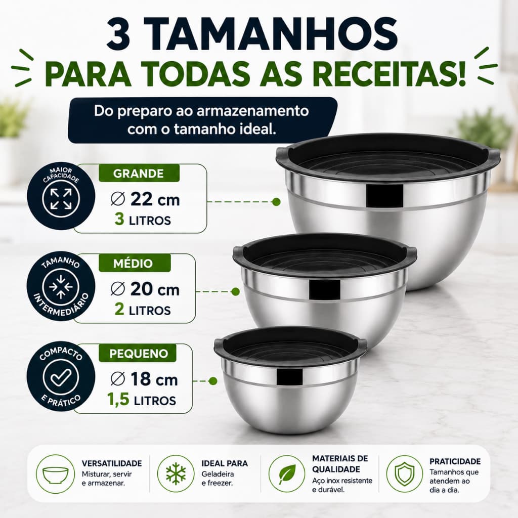 Kit Bowl Aço Inox com Tampa Silicone 3 Peças Tigela Inox para Cozinha Geladeira e Preparo