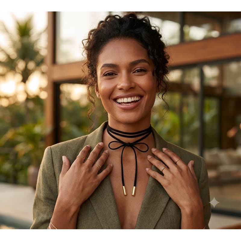 Choker Colar feminino gravatinha Veludo tecido pontas douradas elegante refinado luxo casual festa moda brasileira