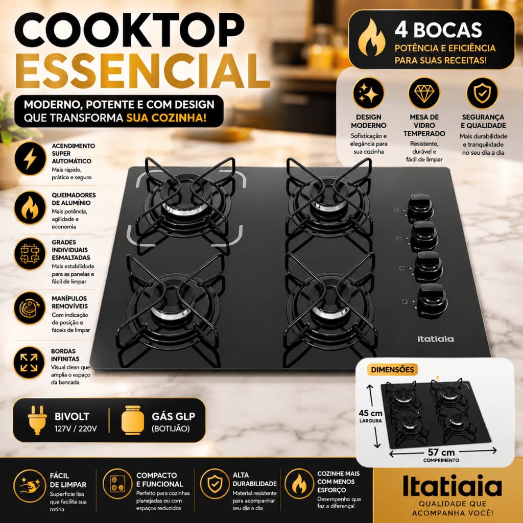 Cooktop Itatiaia 4/5 Bocas a Gás Bivolt Vidro Temperado Acendimento Automático