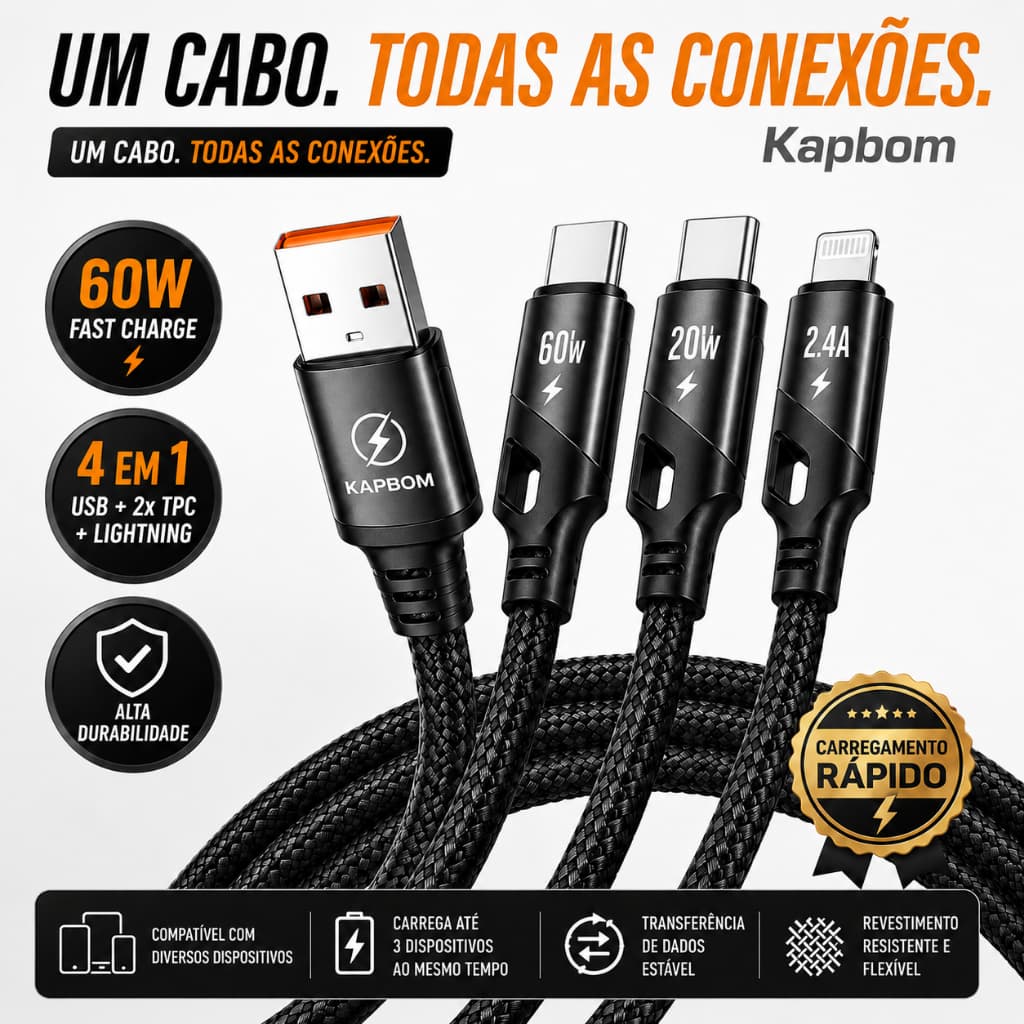 Cabo 4 em 1 60W USB Tipo C Lightning Carregador Rápido Reforçado 1,20m Kapbom KA-3592-4IN1