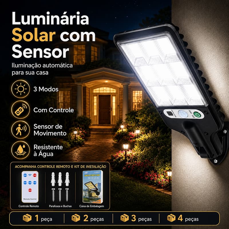 Luminária Solar Sensor de Movimento LED de Parede com Controle Remoto 3 Modos