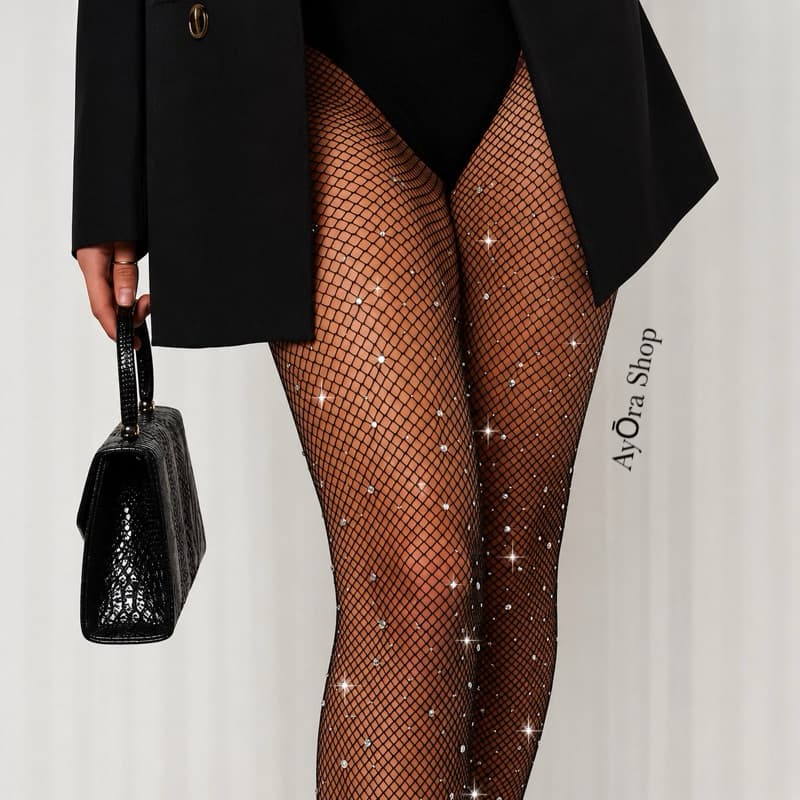 Meia Calça Arrastão Feminina com Strass e Brilho | Meia Rede Preta Elástica com Cristais