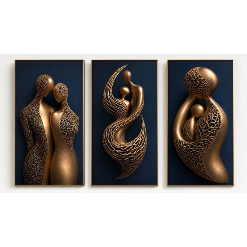 Kit 3 Quadros Decorativos Abstratos Família Ouro Esculpido e Azul Marinho -Escultura Abstrata Casal e Família Dourado