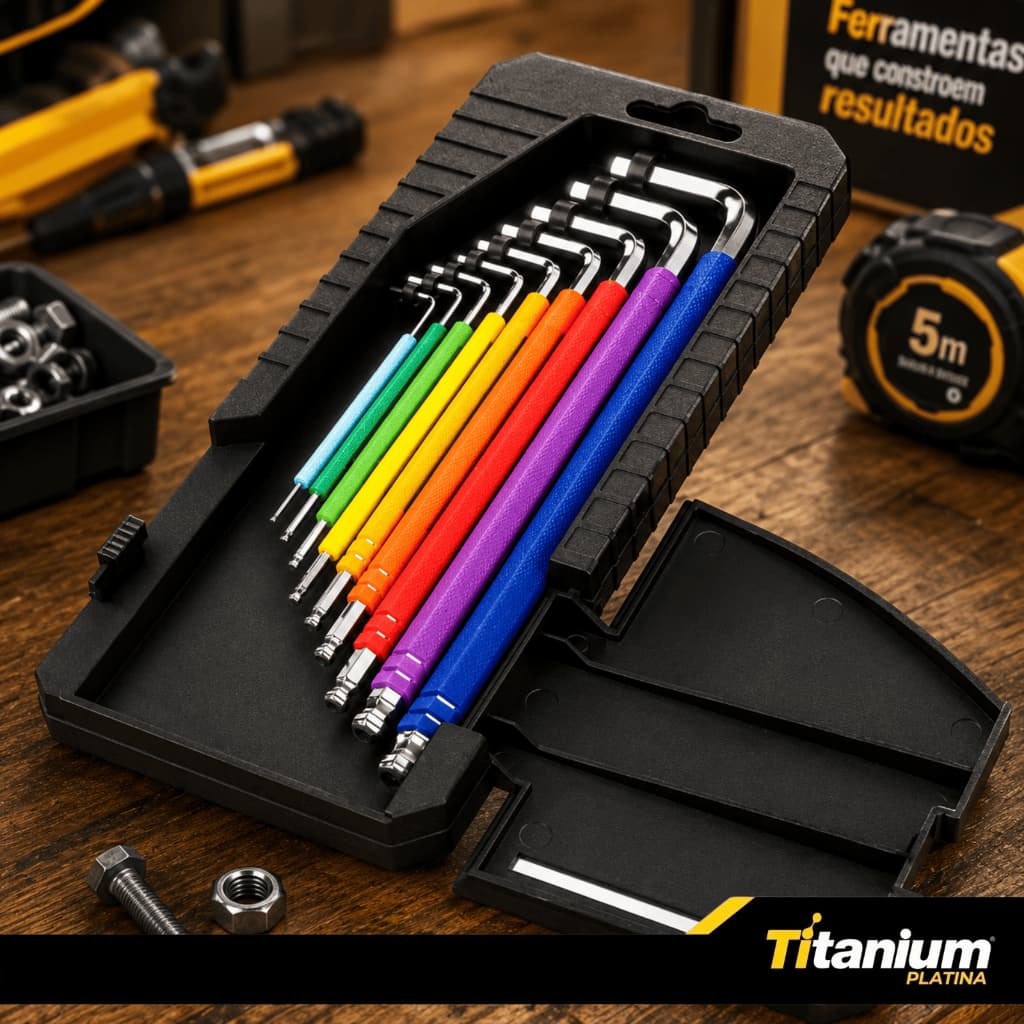 Jogo Kit Chaves Allen Extra Longa Abaulada 9 Peças CRV Colorida Com Estojo Titanium Platina