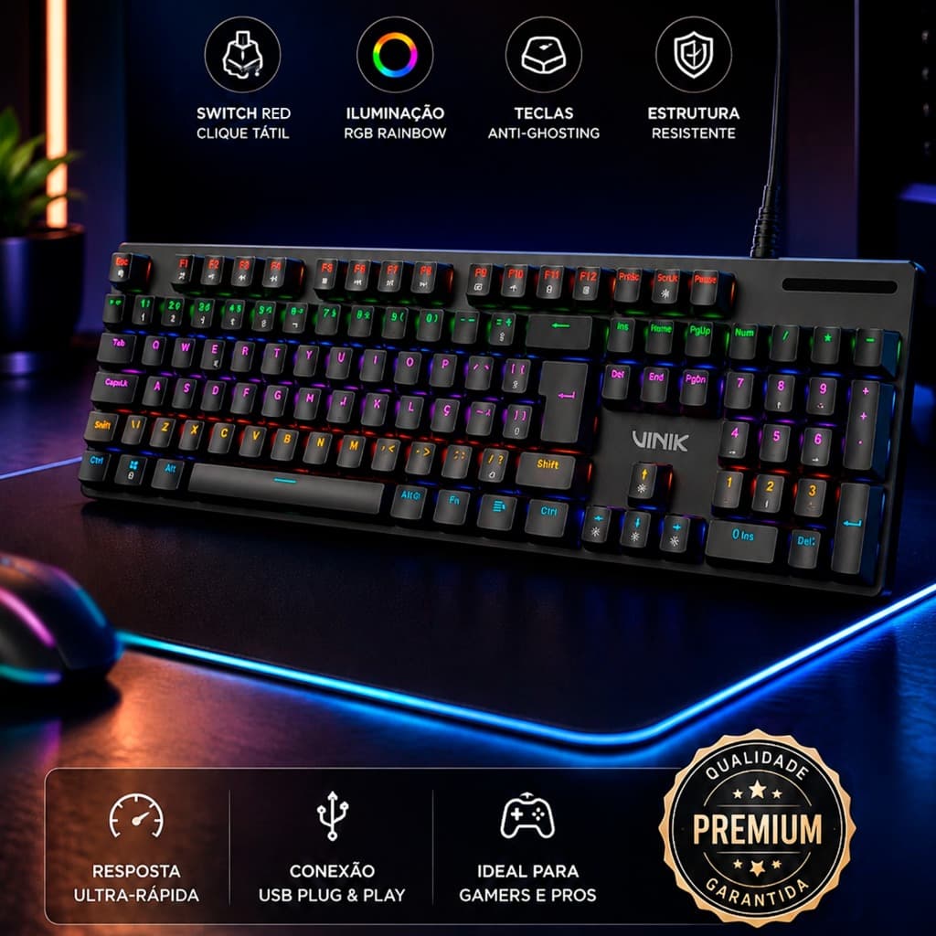 Teclado Mecânico 100% Vinik Anihi Full - Switch Red - Led Rainbow