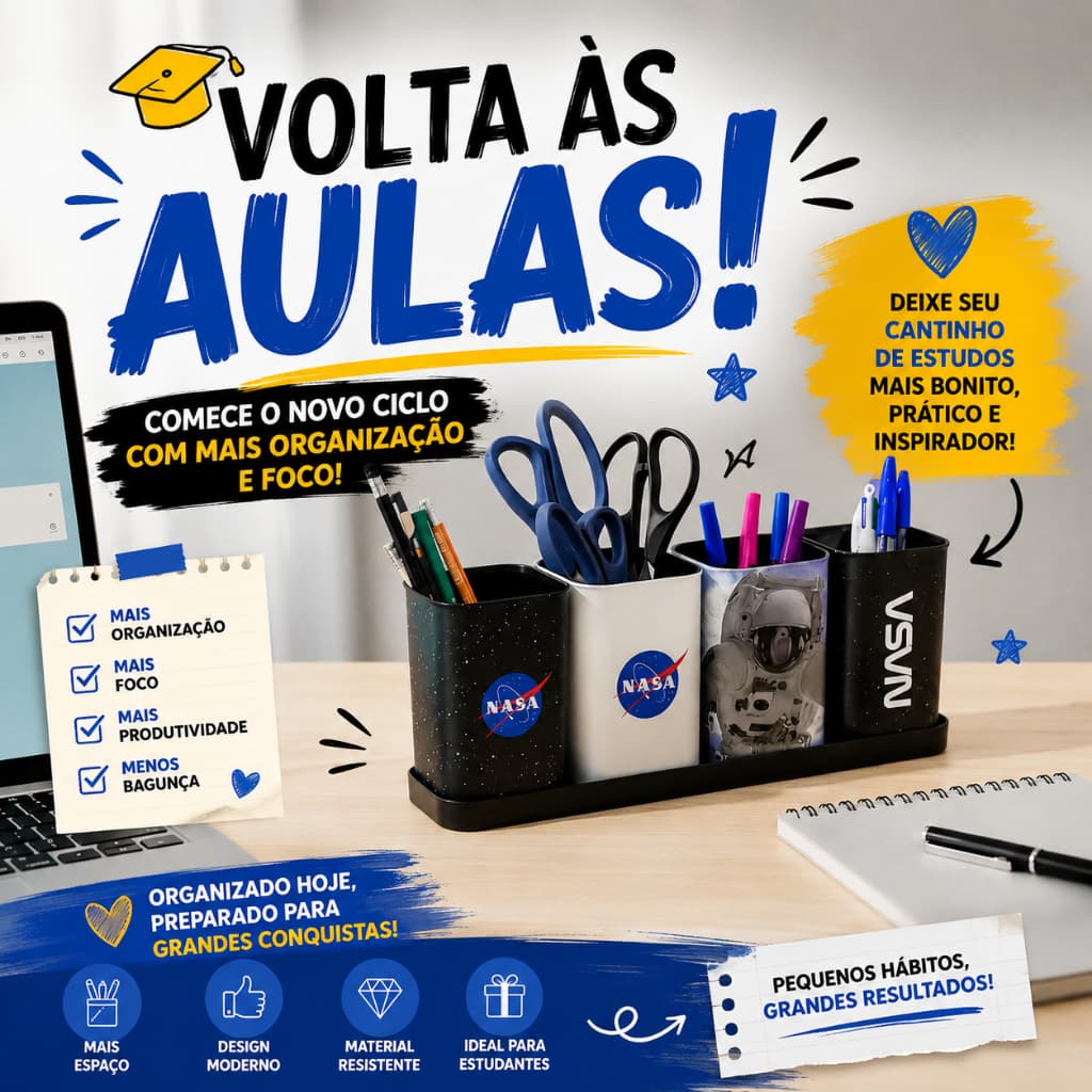 Kit 4 Porta Caneta e Bandeja de Mesa Organizador de Escritório Decorado Multiuso Plasútil